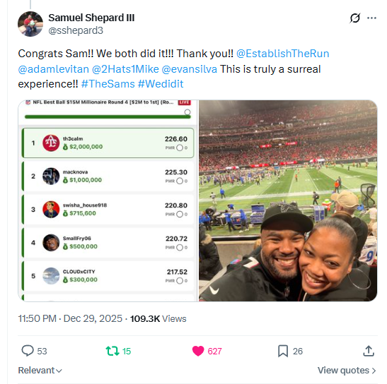 THE SOLVER Draft Assistant subscriber celebrating his $2,000,000 first-place finish in the DraftKings NFL Best Ball $15M Millionaire on X, with the final leaderboard and a photo from the game